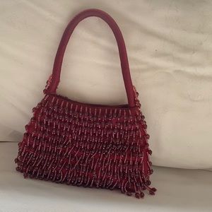 Vintage red satin beaded evening bag